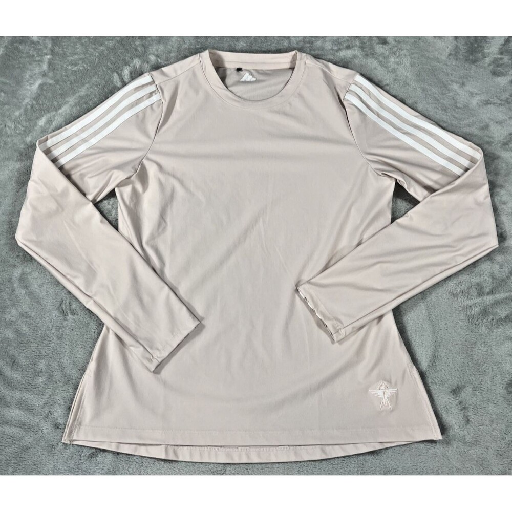 Adidas Womens Small Beige Tan Long Sleeve 3 Stripe Shirt Crew Neck Golf